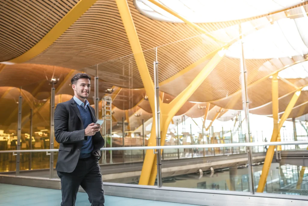 Man walking through a convention center